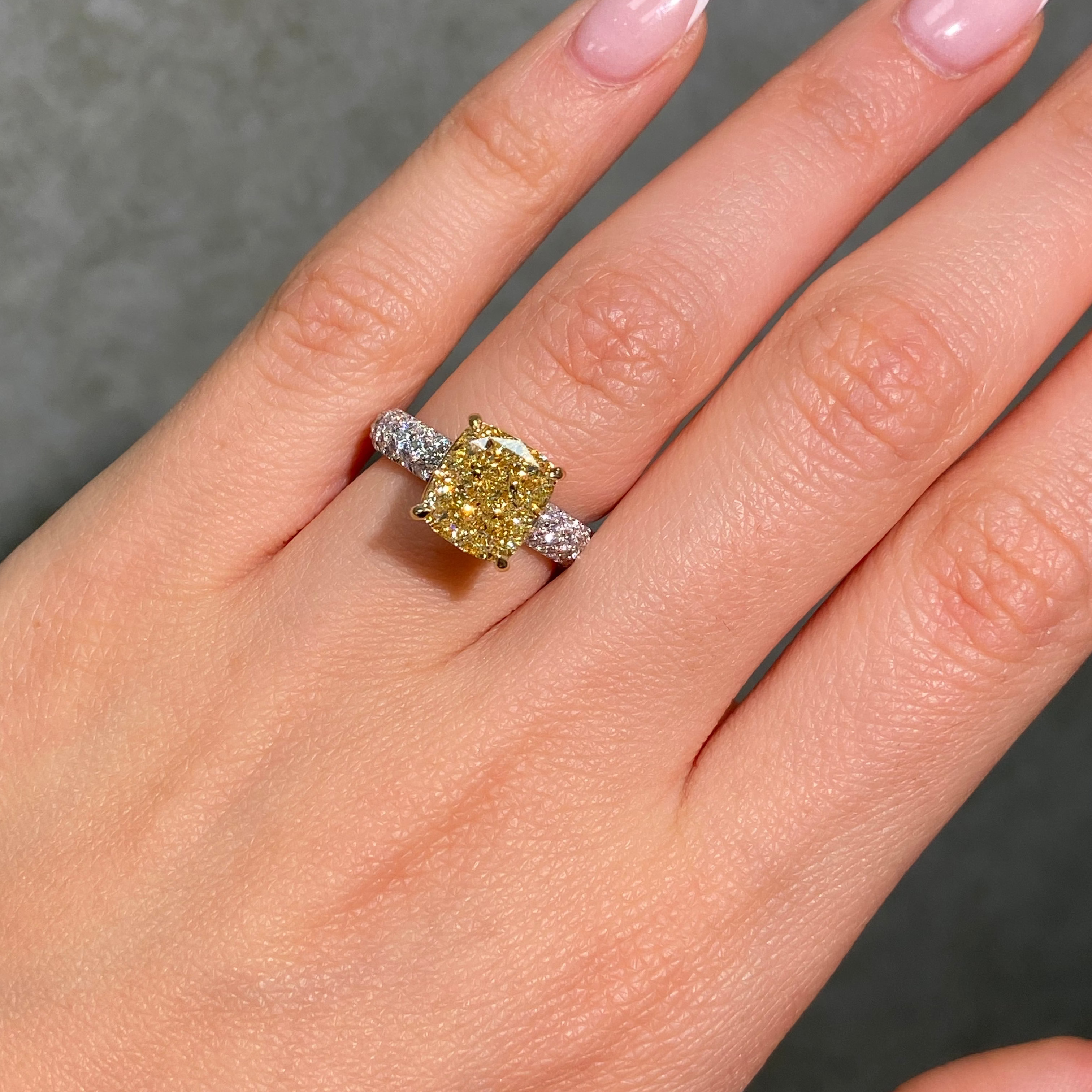 Natural 4ct Fancy Light Yellow Cushion diamond solitaire — Rare Colors by Namdar NYC