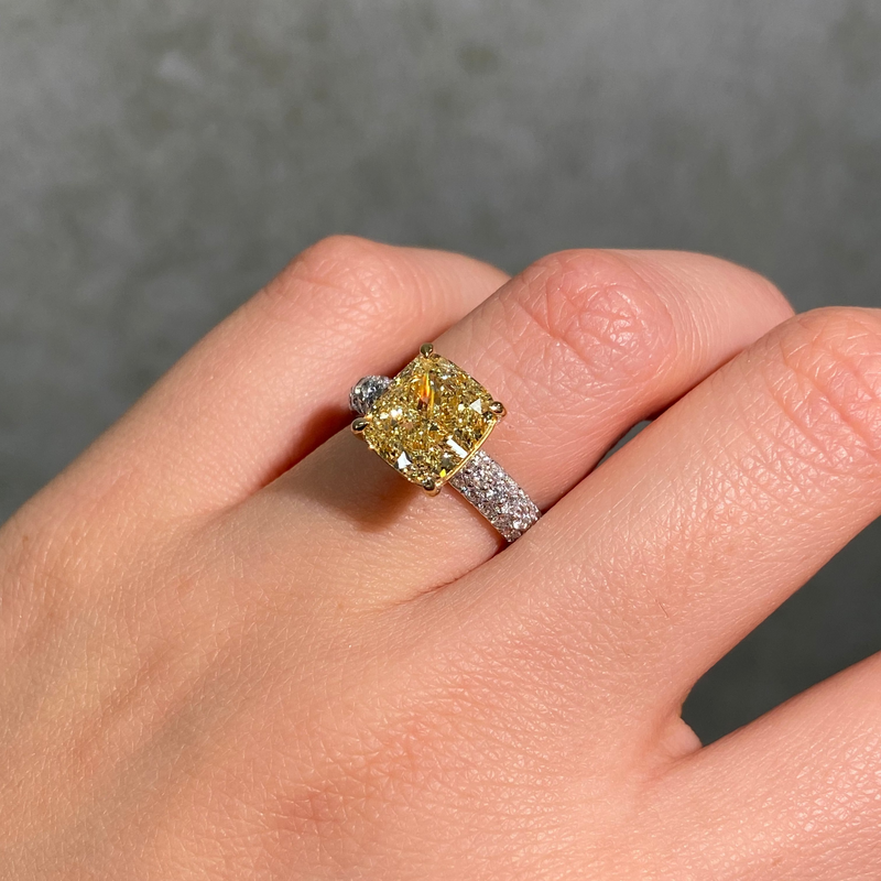 4ct Fancy Light Yellow Cushion Diamond Pave Solitaire Engagement Ring