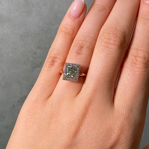 2ct Green Princess Diamond in Pink Halo Engagement Ring