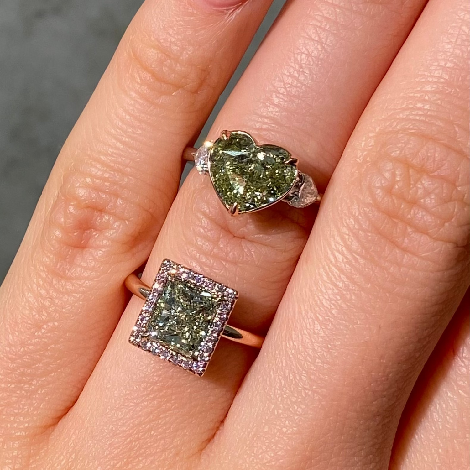 2ct Green Princess Diamond in Pink Halo Engagement Ring