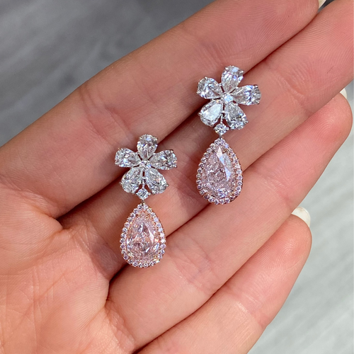 2 Carat Each Pink Pear Diamond Flower Drop Earrings