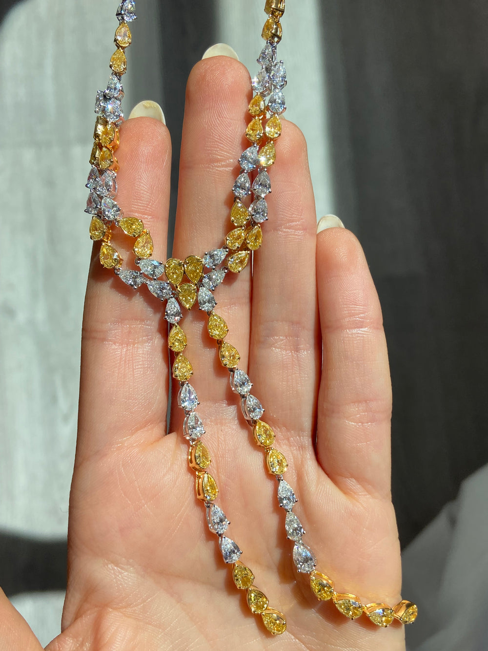 Yellow diamond lariat necklace at Rare Colors by Namdar, 5th Avenue New York