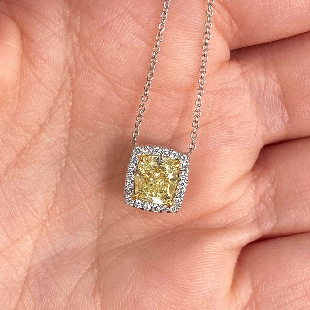 GIA 2ct Fancy Light Yellow Cushion diamond pendant necklace at Rare Colors by Namdar, 5th Avenue New York