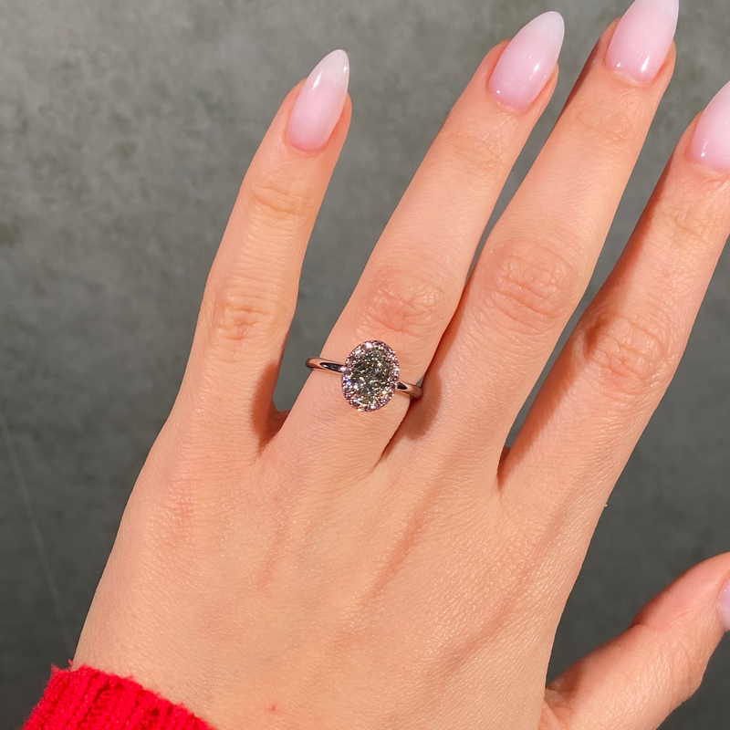 Green Oval Diamond in Pink Diamond Halo Engagement Ring