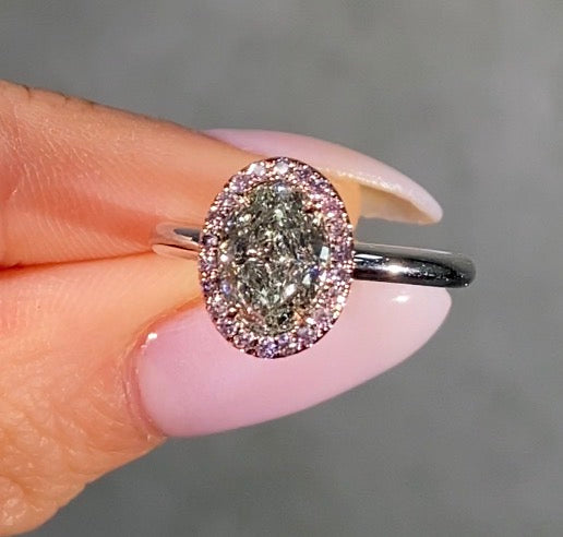 Green Oval Diamond in Pink Diamond Halo Engagement Ring