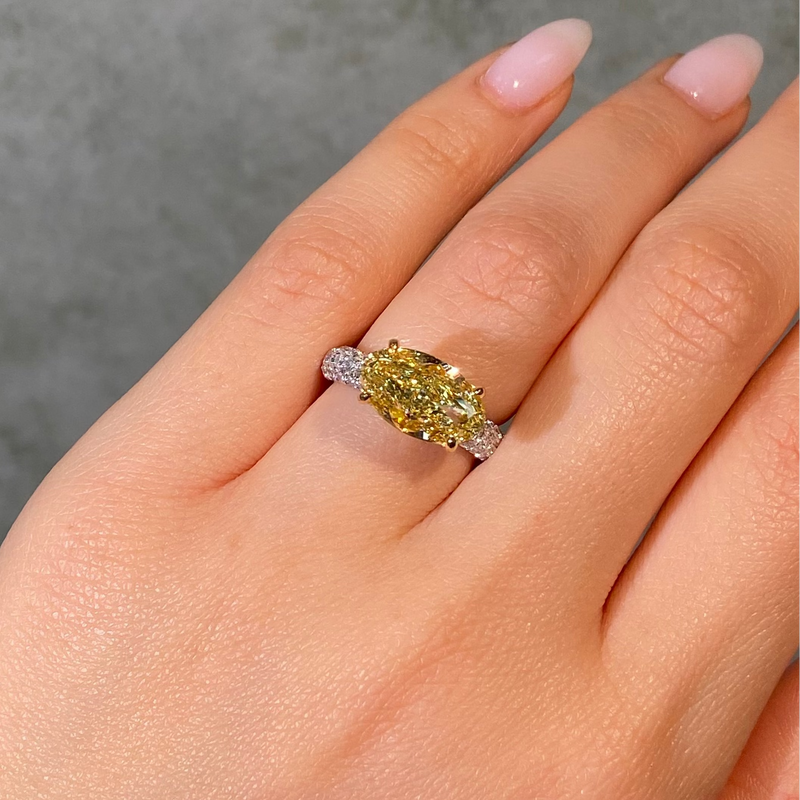 4 Carat Fancy Yellow Oval Diamond East West Pavé Engagement Ring