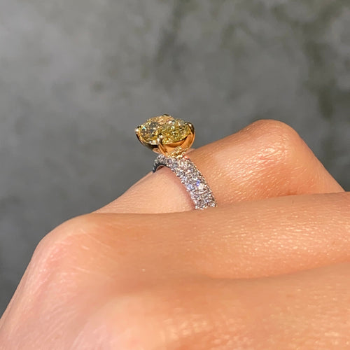 4 Carat Fancy Yellow Oval Diamond East West Pavé Engagement Ring