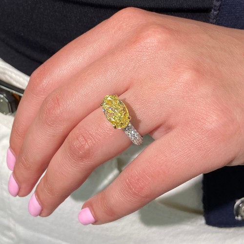 4 Carat Fancy Yellow Oval Diamond East West Pavé Engagement Ring