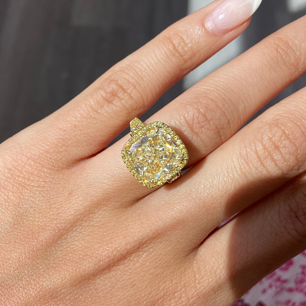 8ct Light Yellow Cushion Golden Halo Statement Ring