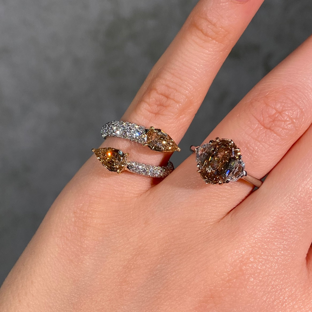 Champage Step Pear Diamond Pavé Spiral Ring