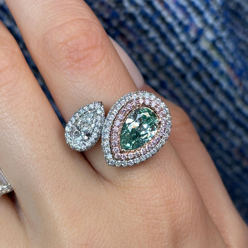 Green and White Pear Diamond Bypass Ring