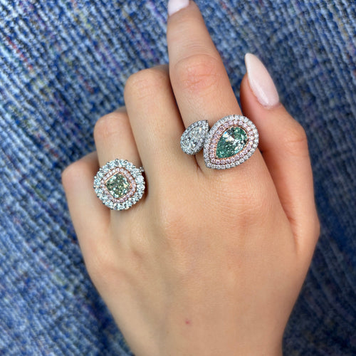 Green and White Pear Diamond Bypass Ring