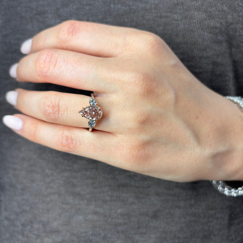 2.22ct Fancy Deep Brown-Pink Pear Diamond with Blue Diamonds Three Stone Ring