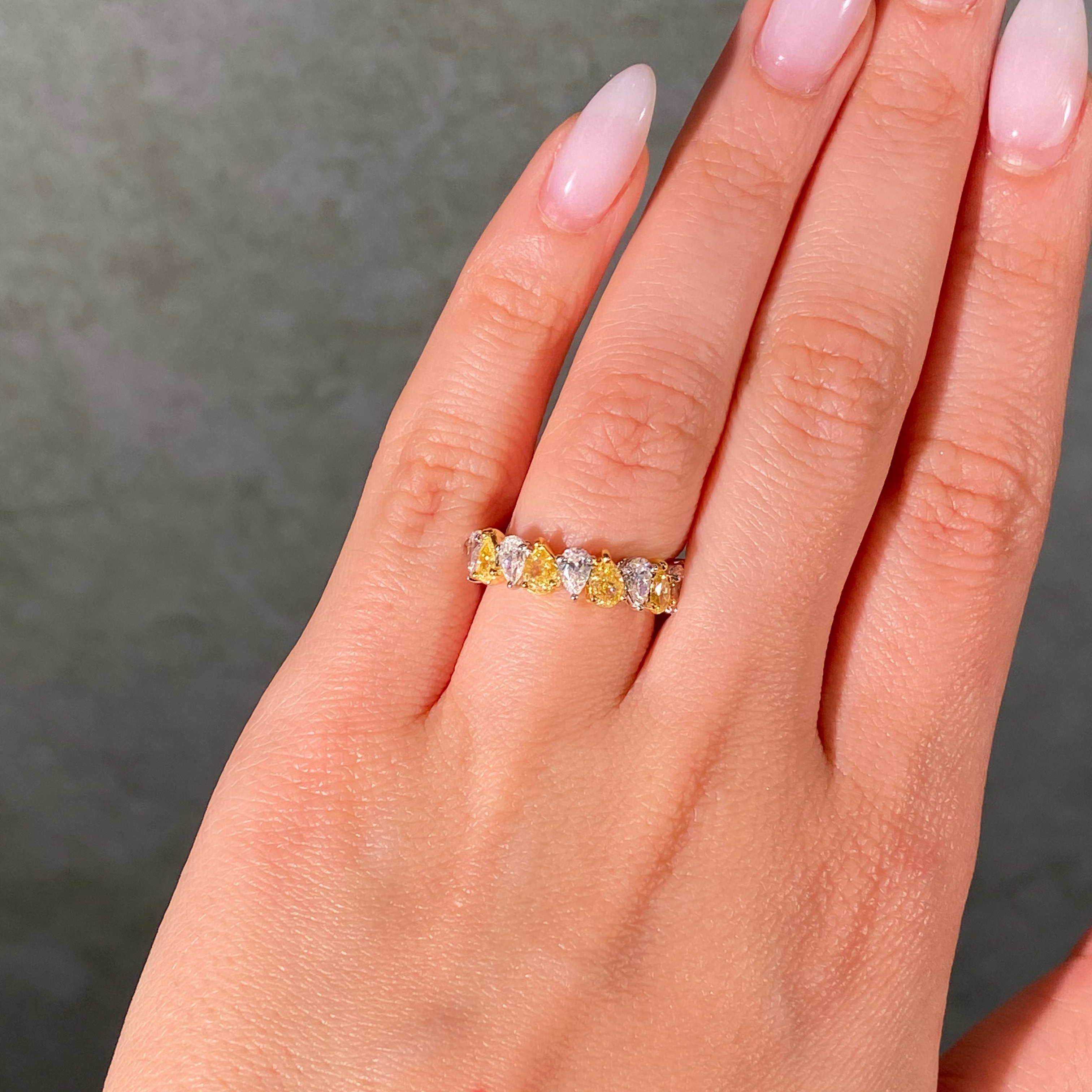 Alternating Yellow and White Pear Diamond Half Eternity Band