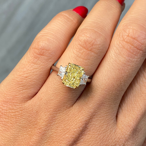 3 Carat Fancy Yellow Elongated Radiant Diamond Three Stone Ring