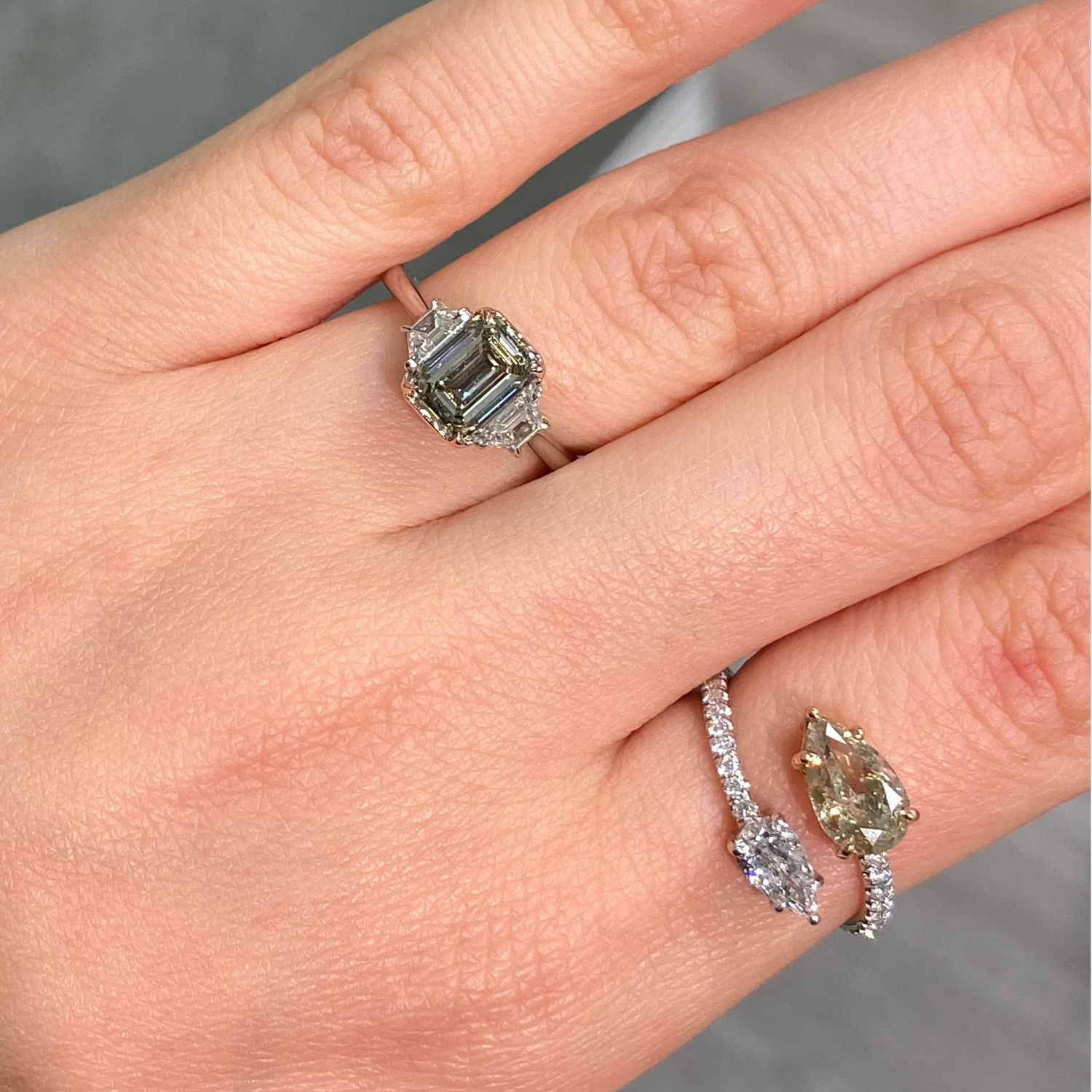 2 Carat Chameleon Green Emerald Diamond Engagement Ring