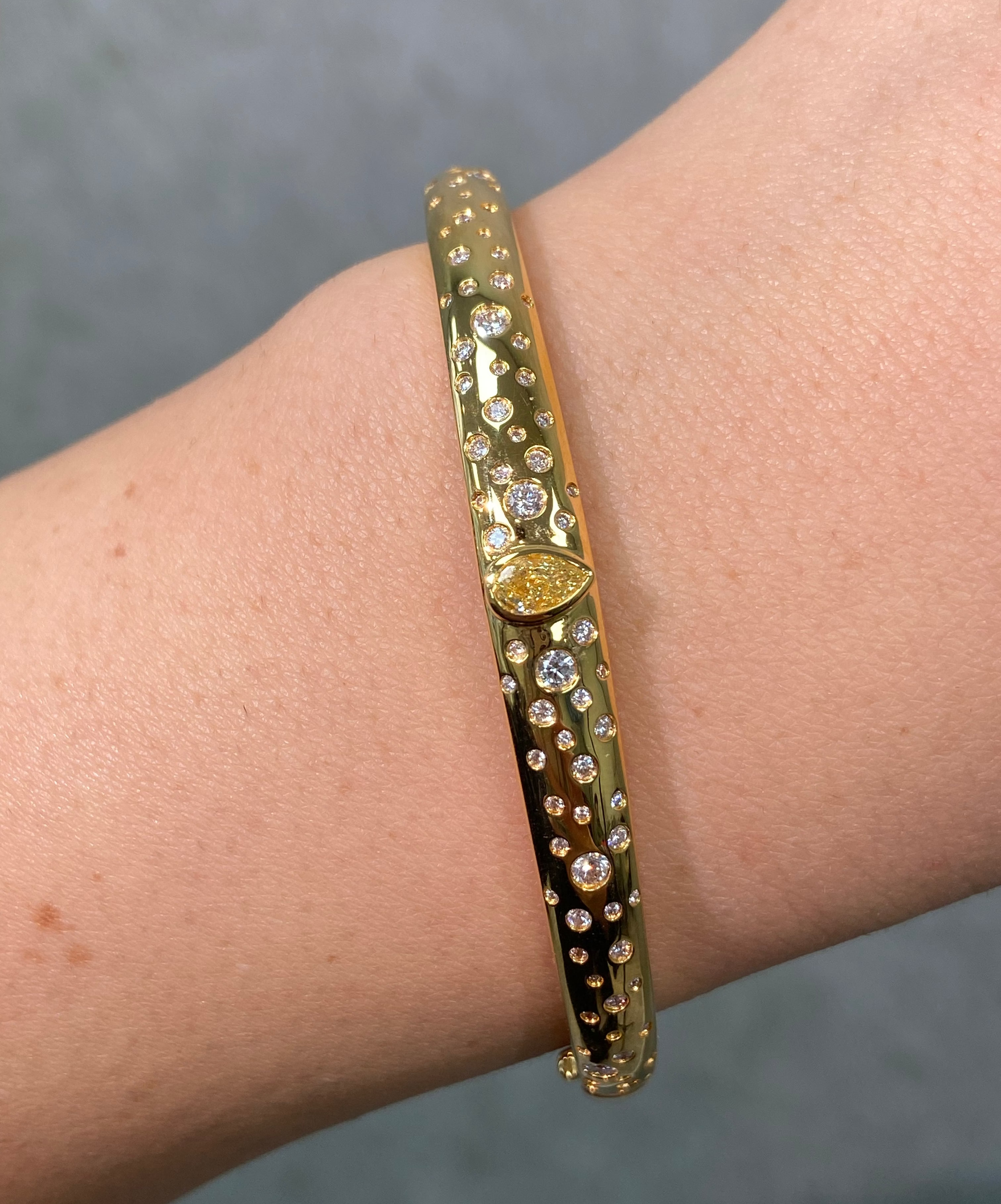 Yellow Diamond Pear Domed Bangle Bracelet with Scattered Pavé