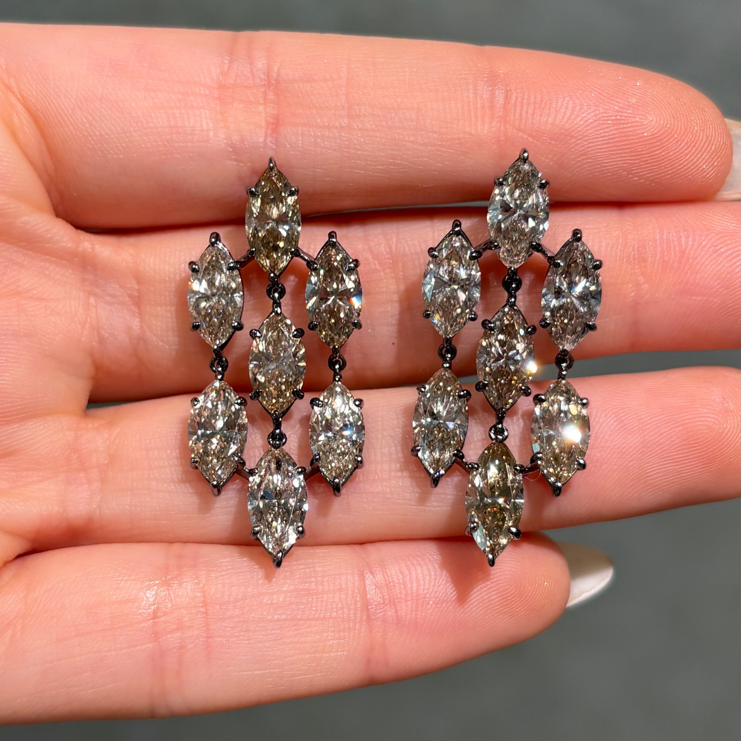 15 Carat Marquise Cut Champagne Diamonds Earrings in Blackened Gold