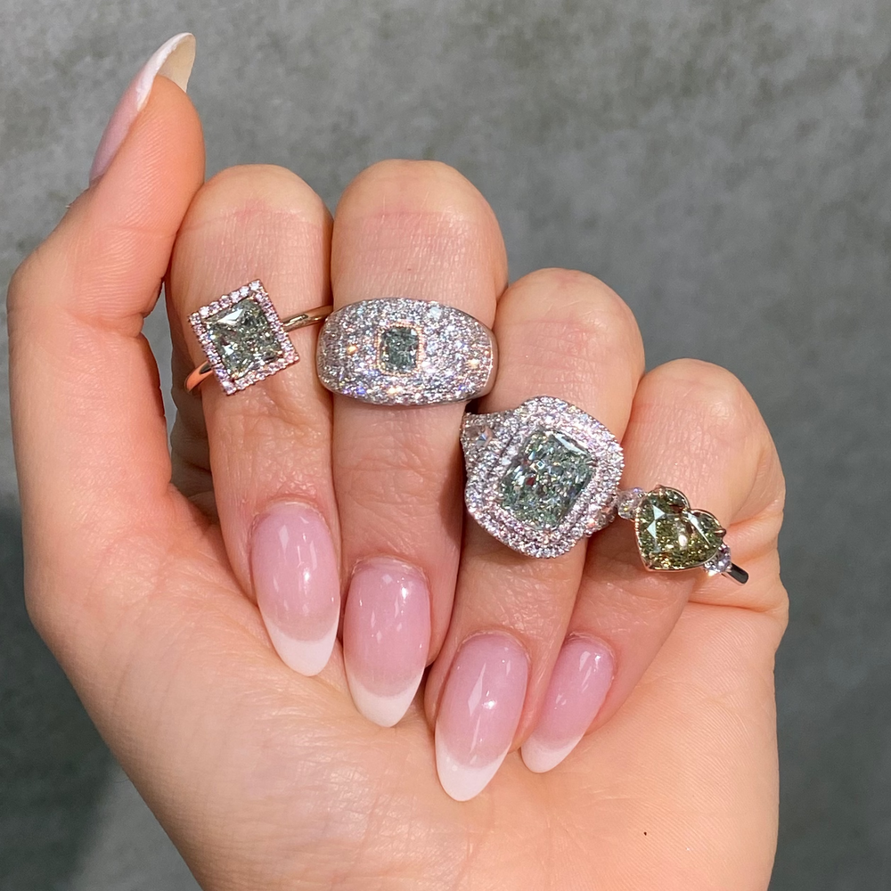 GIA Fancy Green Radiant diamond ring at Rare Colors by Namdar, 5th Avenue New York