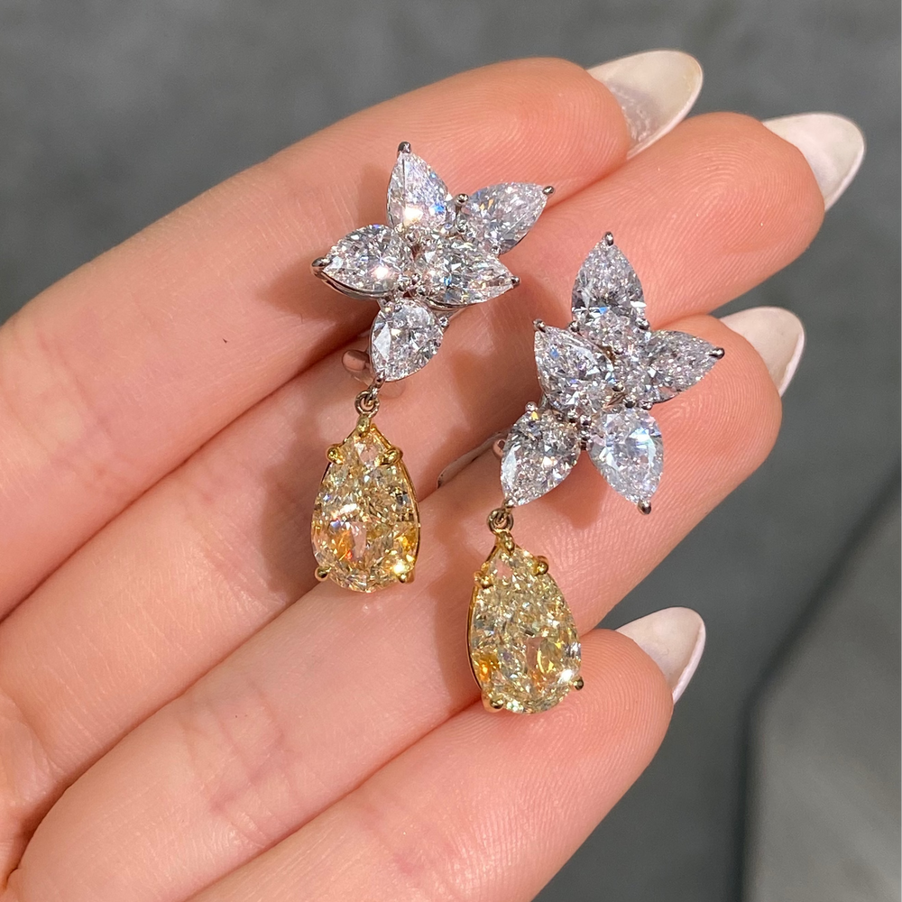 Yellow Pear Diamond with Colorless Pear Cluster Earrings