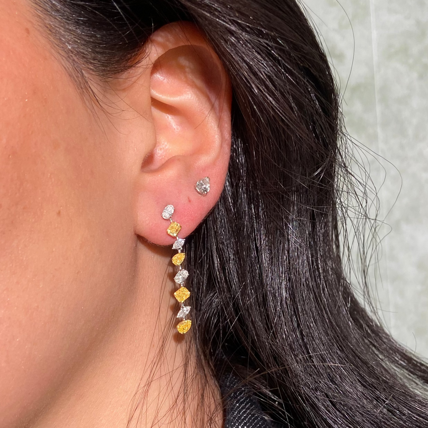 Mixed Yellow and Colorless Diamond Line Earrings