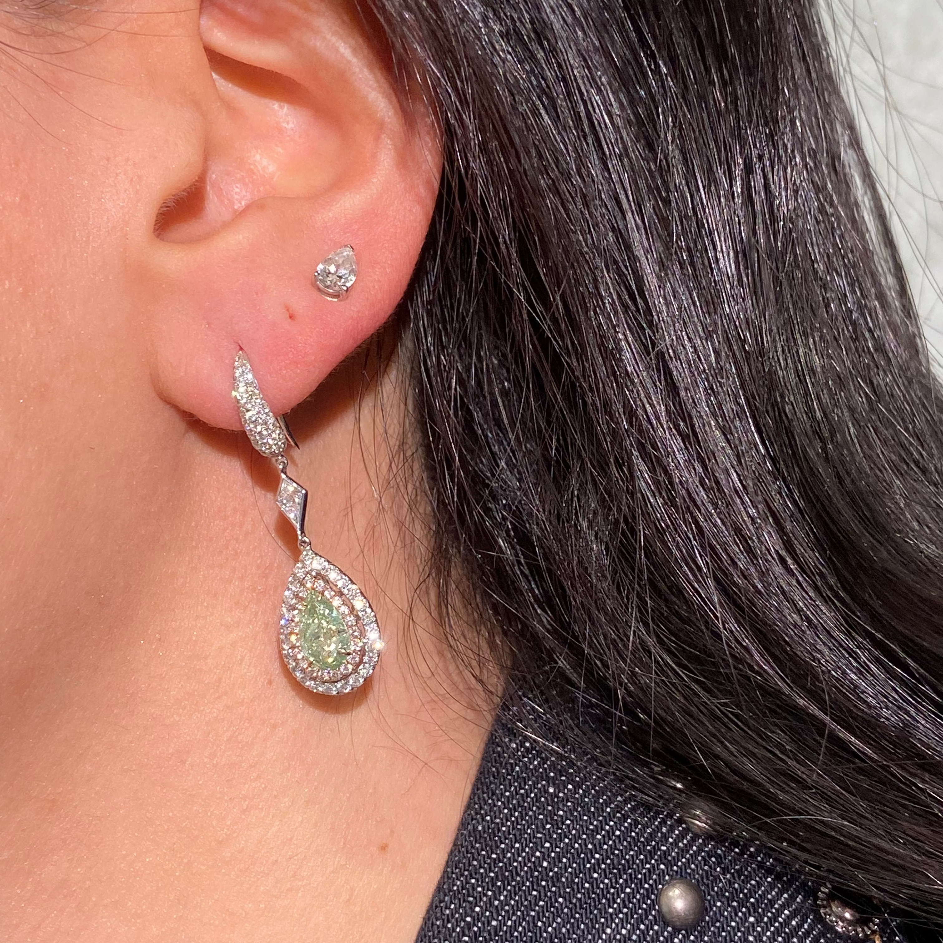 3.81ct Green Pear Diamond Earrings