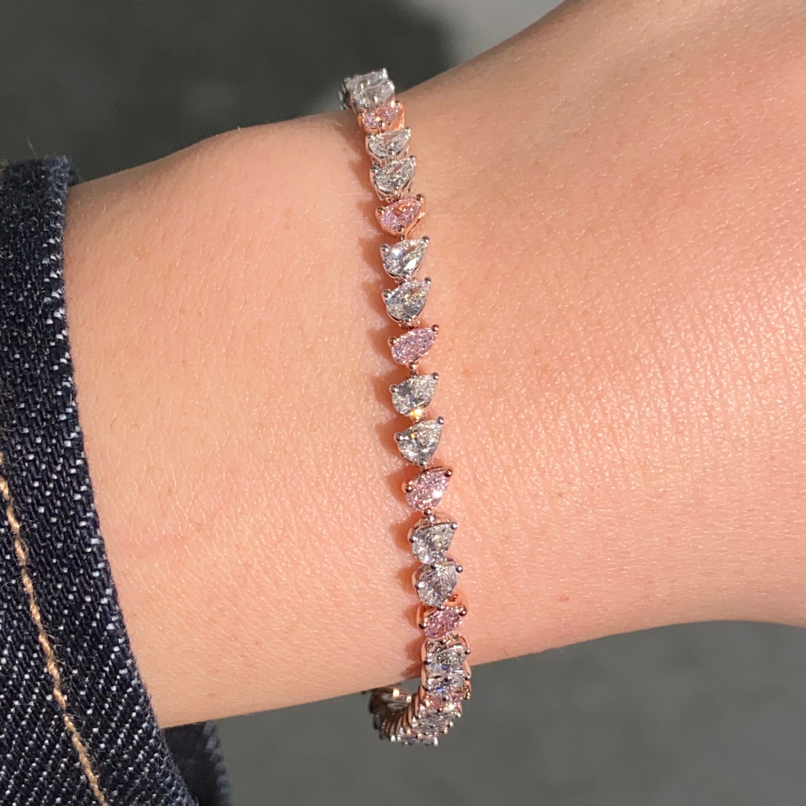5.7 Carat Pink and Colorless Pear Diamond Tennis Bracelet