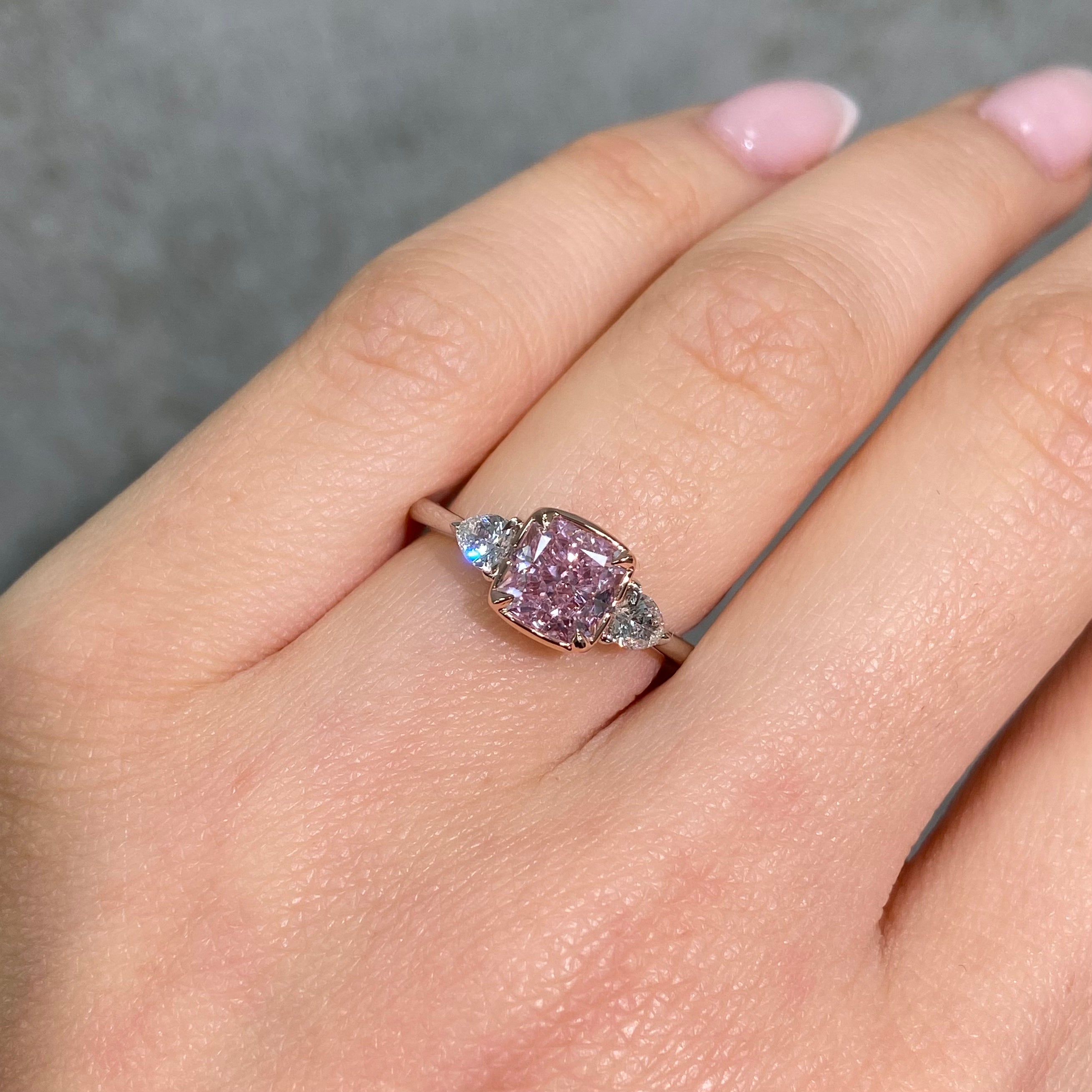 1.70 Carat Fancy Purplish Pink Cushion Diamond Three Stone Engagement Ring