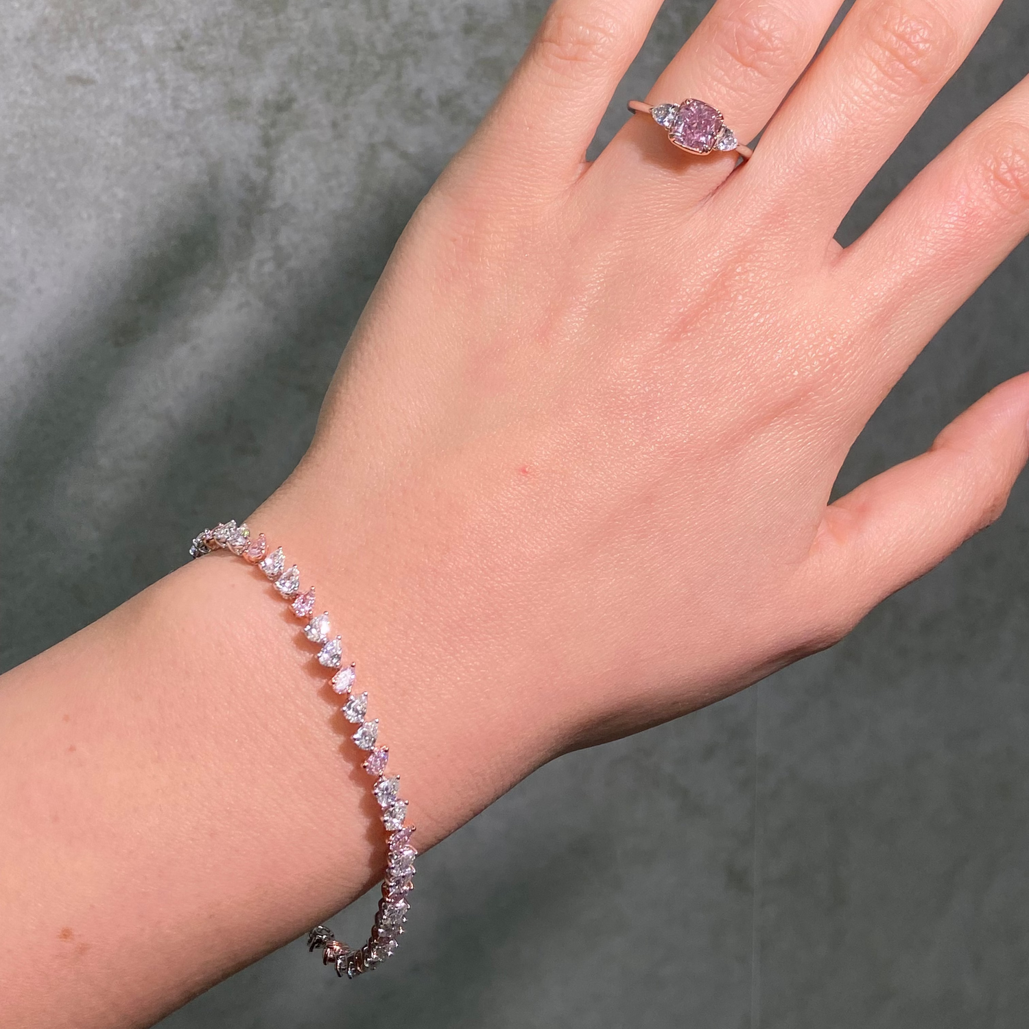 5.7ct Pink Pear diamond tennis bracelet at Rare Colors by Namdar, 5th Avenue New York