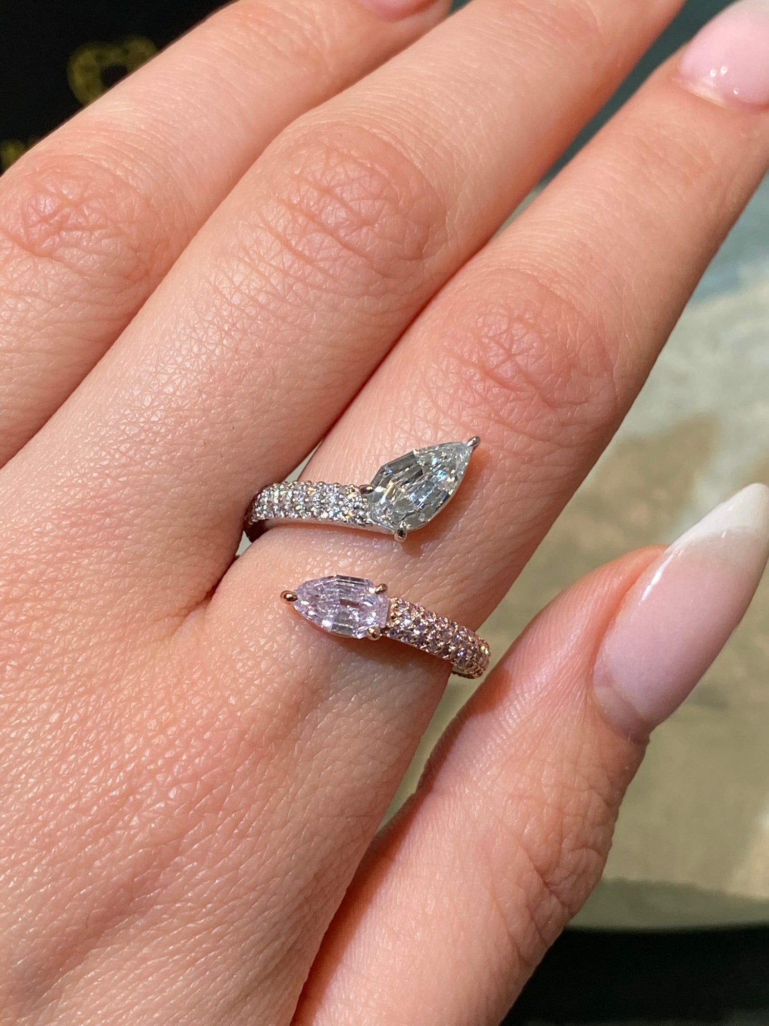 Pink Pear diamond spiral ring, handcrafted by Rare Colors by Namdar