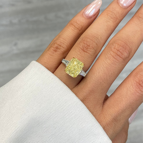 5.52ct Fancy Yellow Elongated Radiant Diamond Three Stone Ring