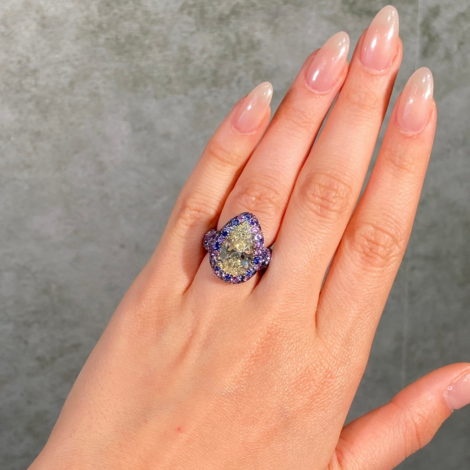 4 Carat Fancy Yellow Pear Diamond Purple Sapphire Bubble Ring