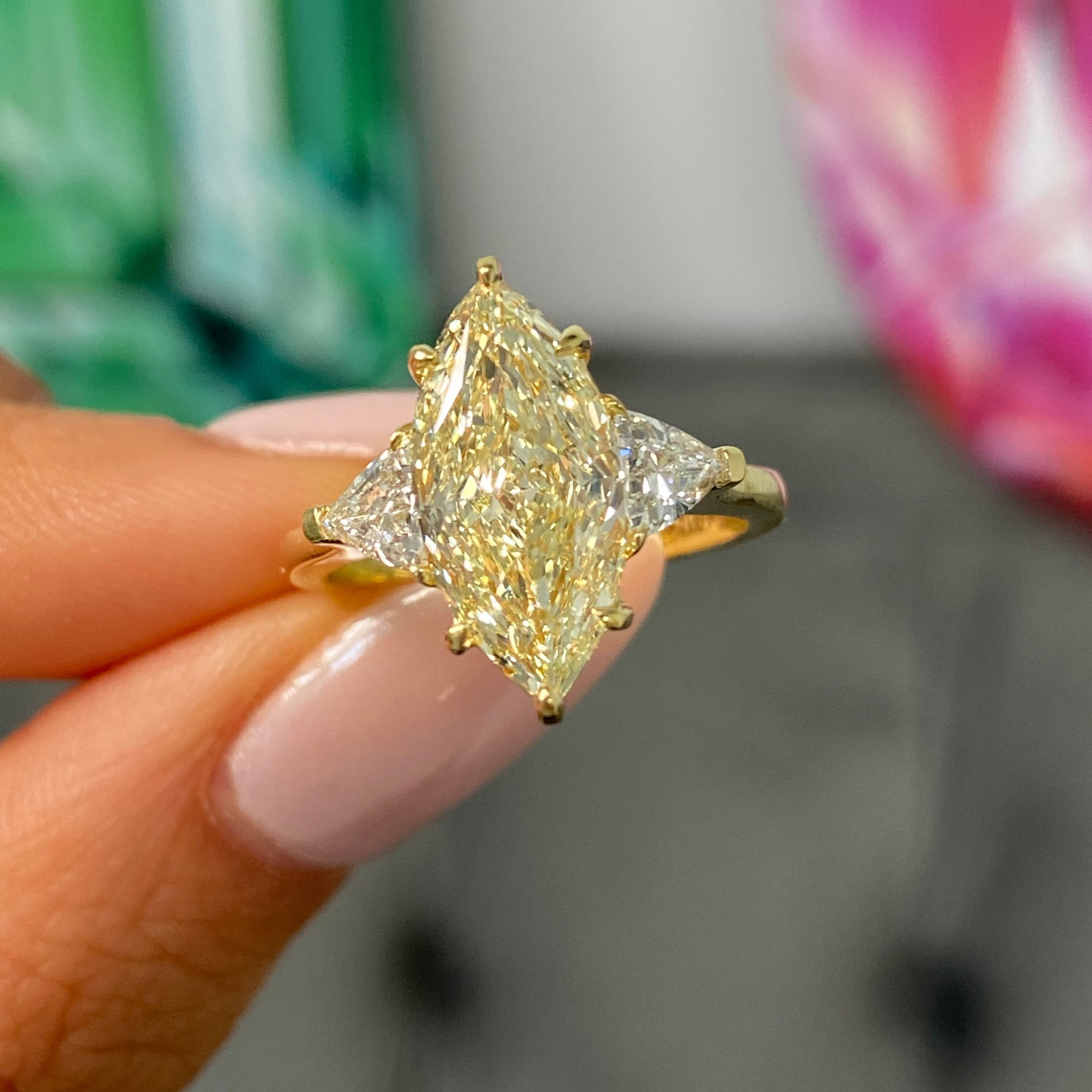 3 Carat Marquise Cut Light Yellow Diamond Three Stone Ring
