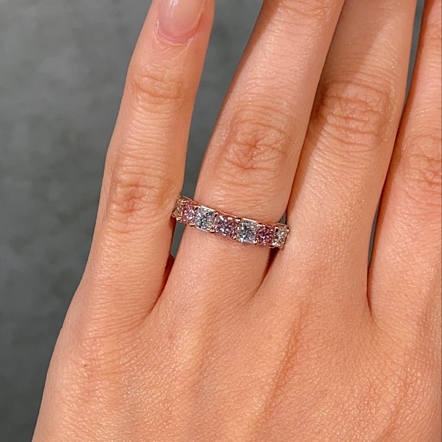 Alternating Fancy Pink and Colorless Diamond Half Eternity Band