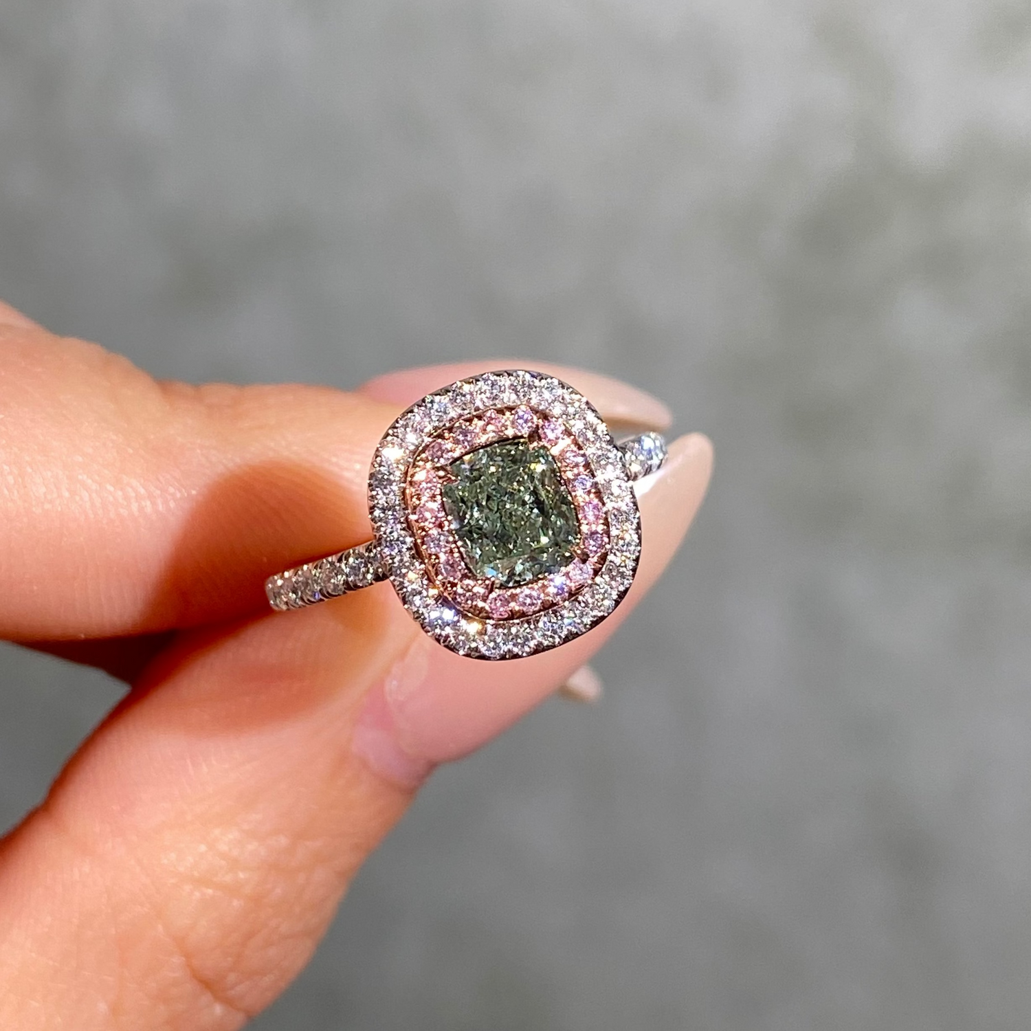 Green Cushion Diamond Double Halo Engagement Ring