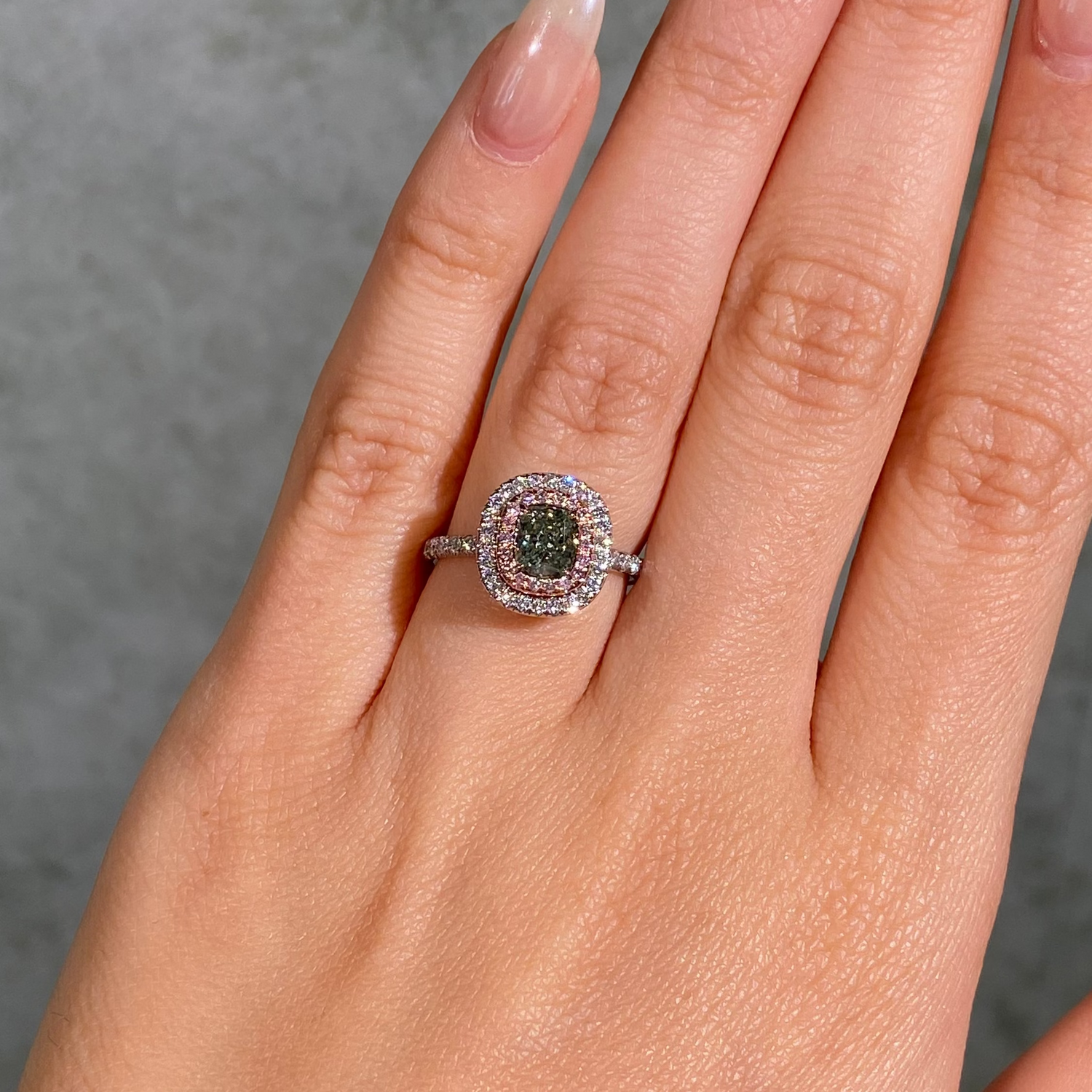 Green Cushion Diamond Double Halo Engagement Ring