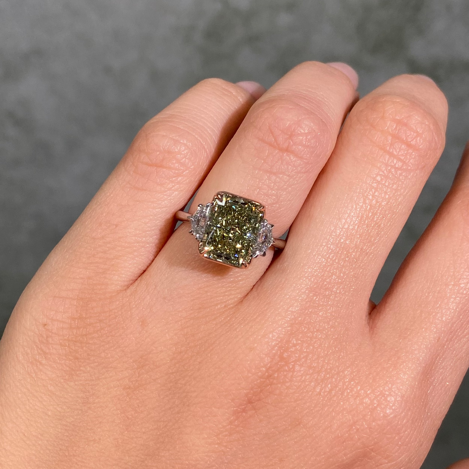 5ct Green Radiant Diamond Three Stone Engagement Ring