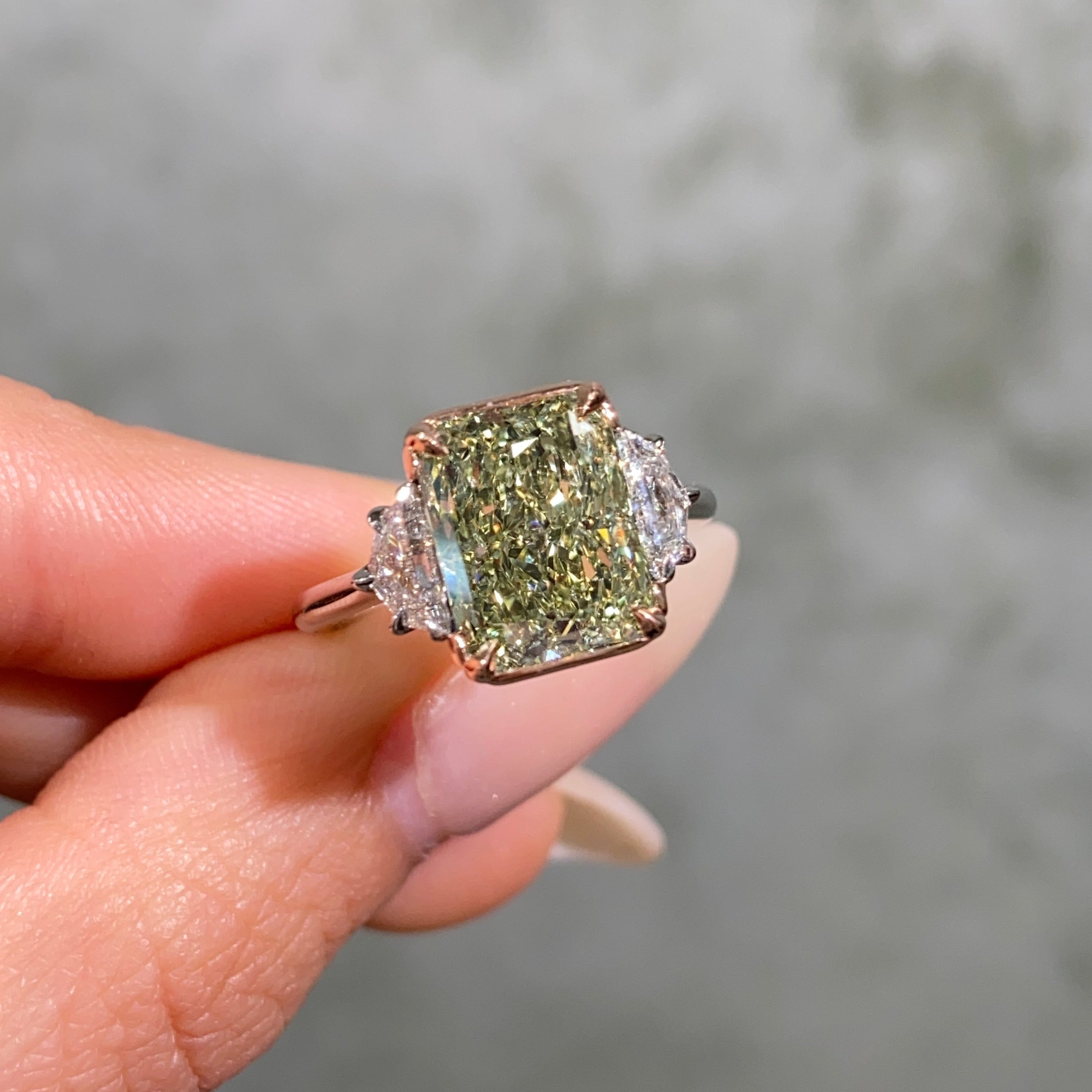 5ct Green Radiant Diamond Three Stone Engagement Ring
