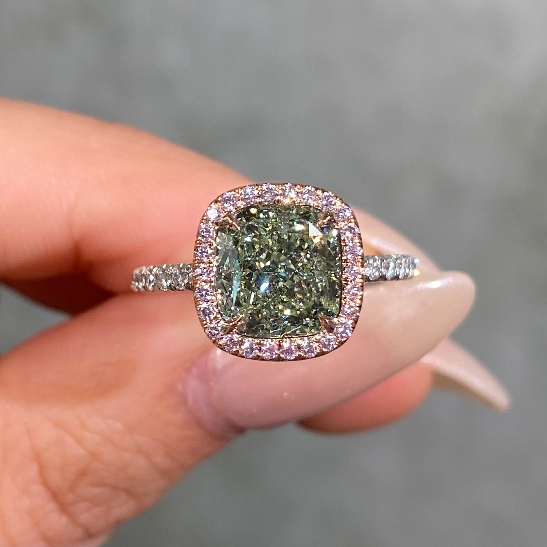 3 Carat Green Cushion Diamond Halo Engagement Ring