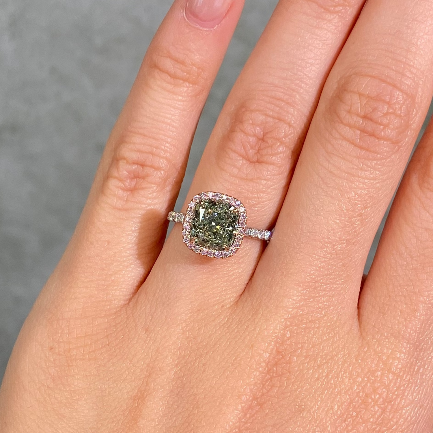 3 Carat Green Cushion Diamond Halo Engagement Ring
