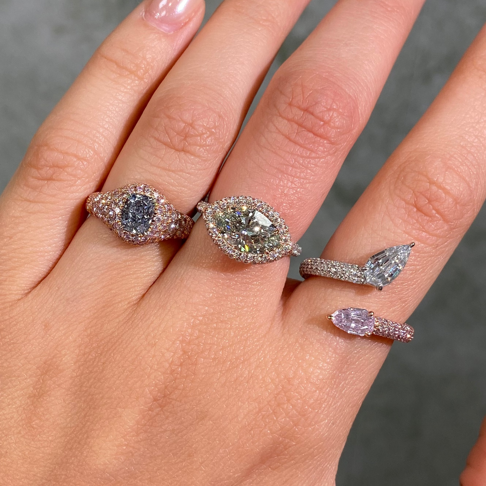 GIA Pink Pear diamond spiral ring at Rare Colors by Namdar, 5th Avenue New York