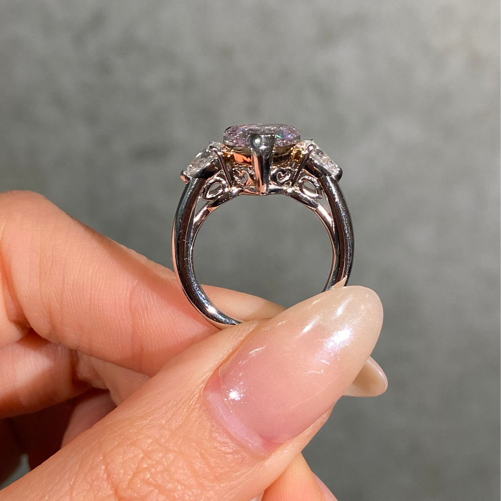 3 Carat Purplish Pink Heart Diamond Three Stone Engagement Ring