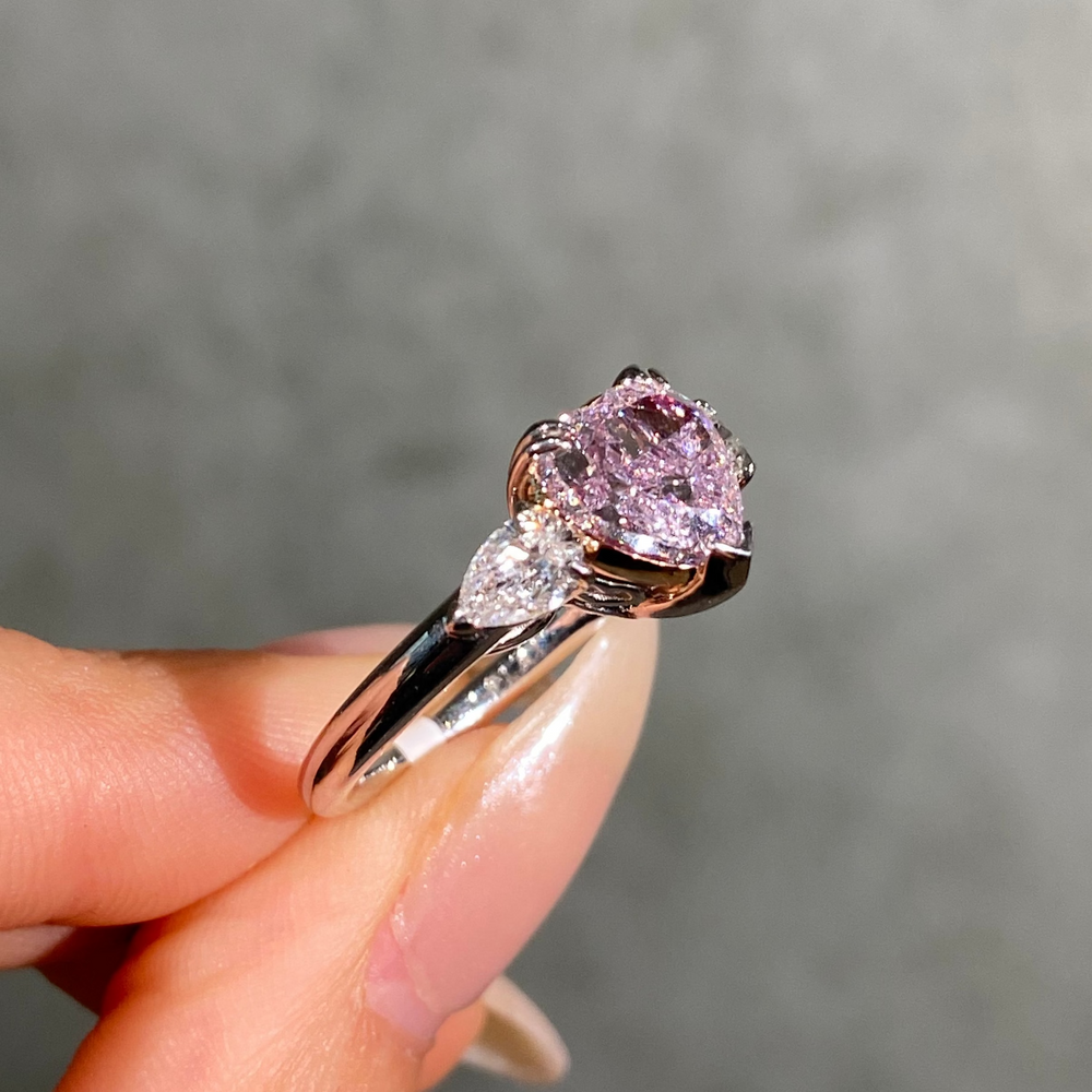 3 Carat Purplish Pink Heart Diamond Three Stone Engagement Ring