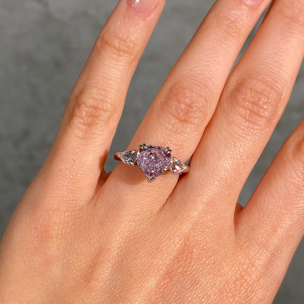 3 Carat Purplish Pink Heart Diamond Three Stone Engagement Ring