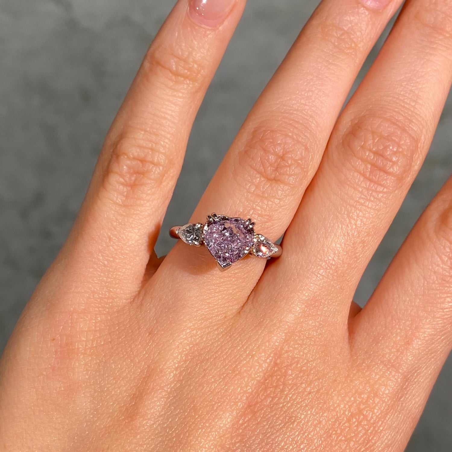 3 Carat Purplish Pink Heart Diamond Three Stone Engagement Ring