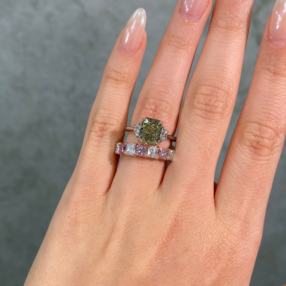 3 Carat Fancy Green-Yellow Elongated Radiant Diamond Three Stone Engagement Ring