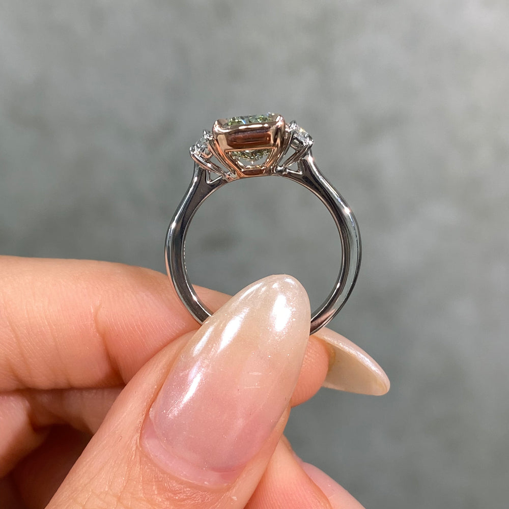3 Carat Fancy Green-Yellow Elongated Radiant Diamond Three Stone Engagement Ring