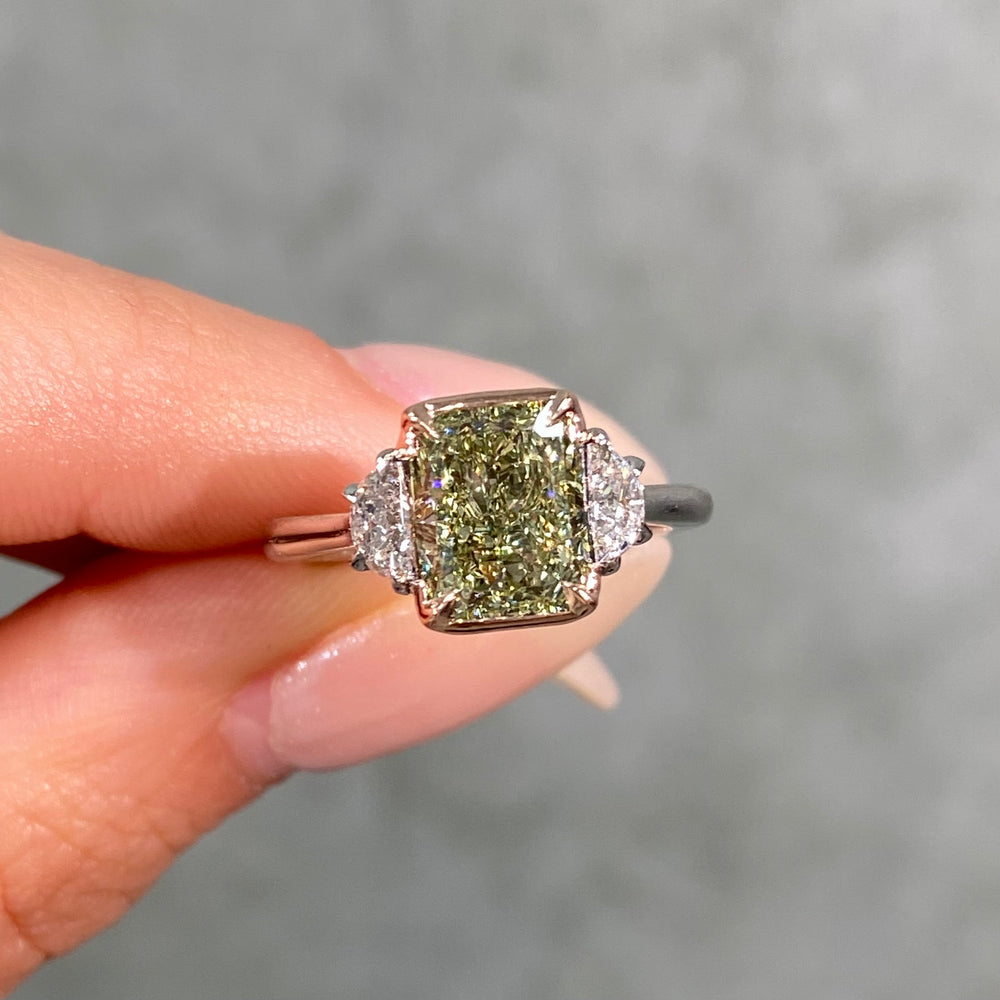 3 Carat Fancy Green-Yellow Elongated Radiant Diamond Three Stone Engagement Ring