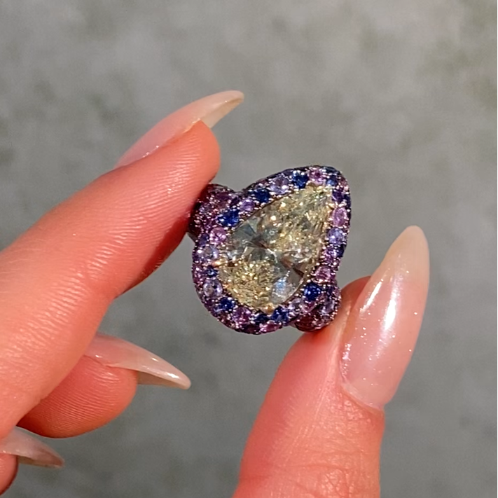 4 Carat Fancy Yellow Pear Diamond Purple Sapphire Bubble Ring