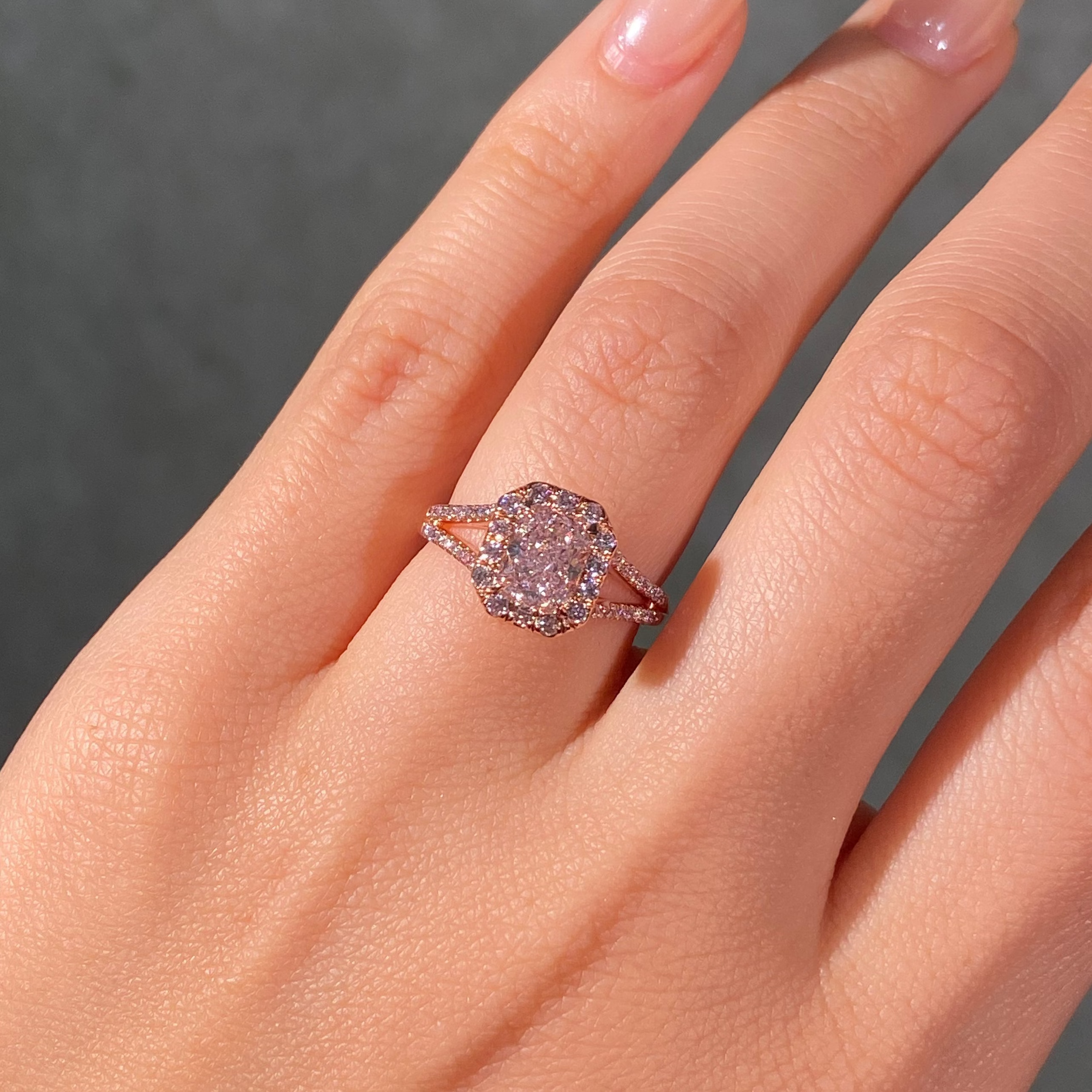 1.11 Carat Light Pink Radiant Diamond Split Shank Halo Engagement Ring